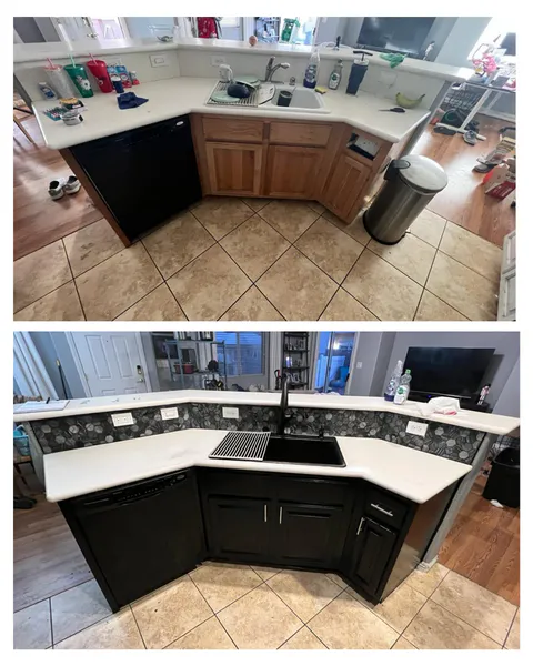 Kitchen renovation progress photo with cabinets, counters and clean finish lines
